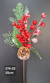 Crenguță artificială de Crăciun cu con și bobițe roșii cu zăpadă – 25cm 10/set